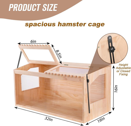 Wooden Hamster Cage, 32"x16"Guinea Pig Cage, Small Animal Cage for Dwarf Syrian Hamsters Degus Mice & Other Small Pets. Large Hamster cage with with 2 Adjustable skylights.