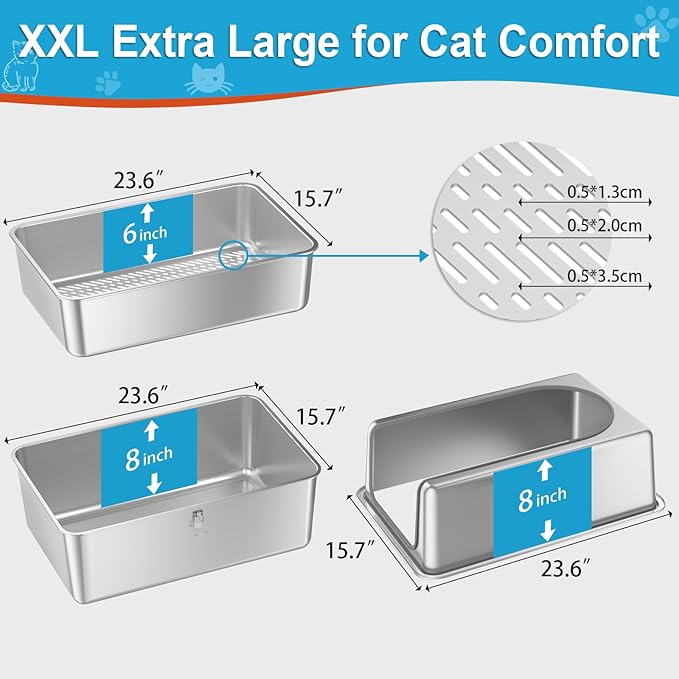 XXL All Stainless Steel Sifting Litter Box with Lid,Sifting Cat Litter Box for Wood Pine Pellets,16''High Sides Sifter Litter Pan System,Odor Control,Easy to Clean,with Liners and Scoop