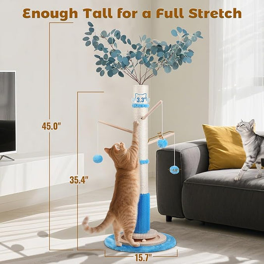 EMUST 45" Tall Cat Scratching Posts for Indoor Cats, Large Bold Ocean- Themed Cat Scratcher Post with Sturdy Solid Wood Base Self Groomer Brush for Kittens Adults Cats Protect Your Furniture