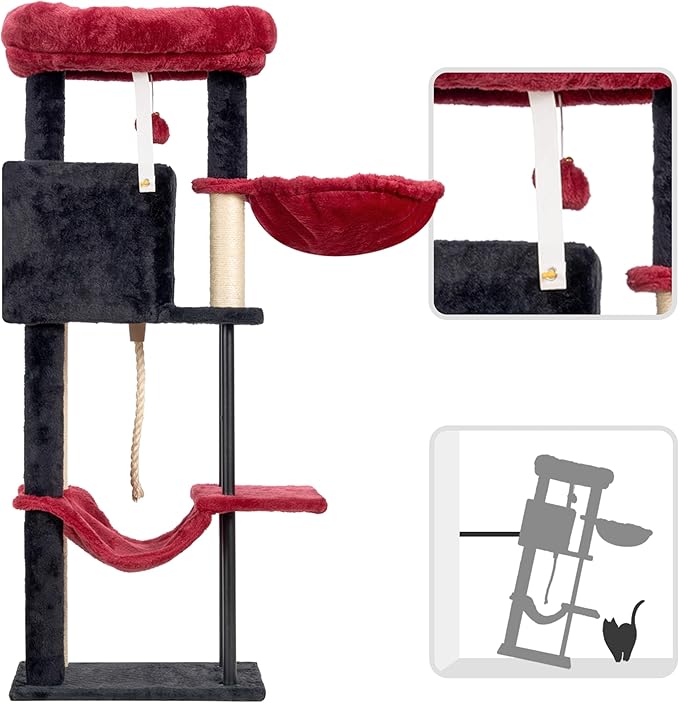 Cat Tree, Cat Tower for Indoor Cats, 43.3 inch Gothic Cat Tree Tower with Sturdy Steel Tube, Hammock, Cat Condo for Small Cats and Kittens, Scratching Post, Black and red GCT004SBR