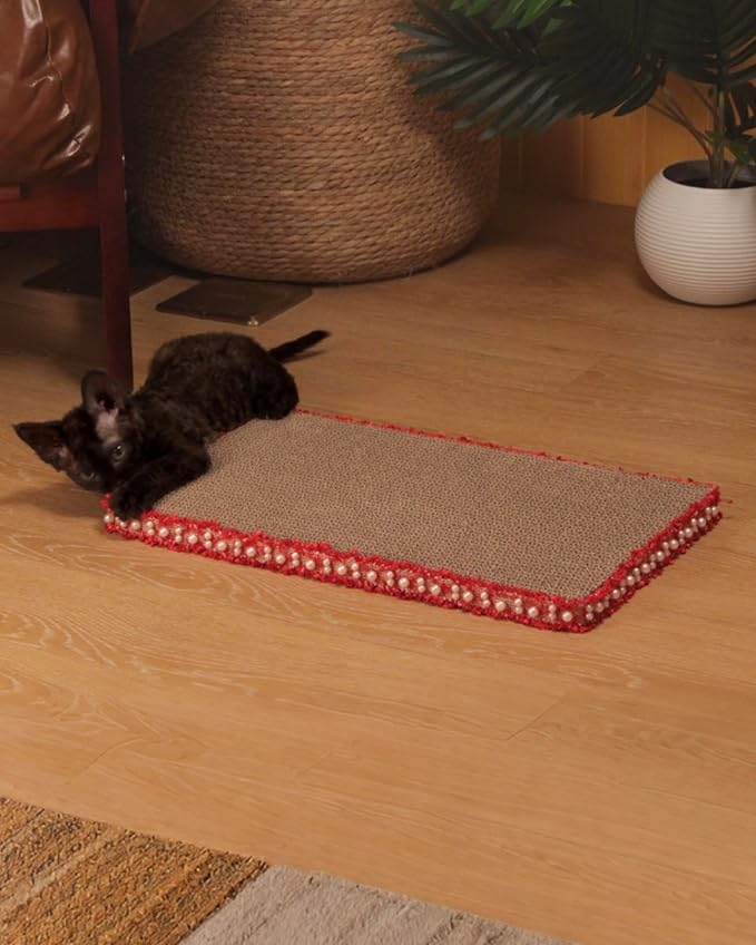 Classic Red Cat Scratch Pad, Stylish Boho Lace with Pearl Large Cardboard Cat Scratcher, Cat Scratchers for Indoor Cats, Durable Cat Scratching Board, Horizontal Scratch Pad for Cats