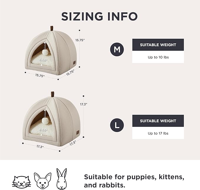 Bedsure Cat Beds for Indoor - 2 in 1 Cat Cave House Tent for Kittens and Small Pets with Removable Washable Cushioned Pillow, Foldable Kitten Hideaway with Non-Slip Bottom, Beige, 16 inches