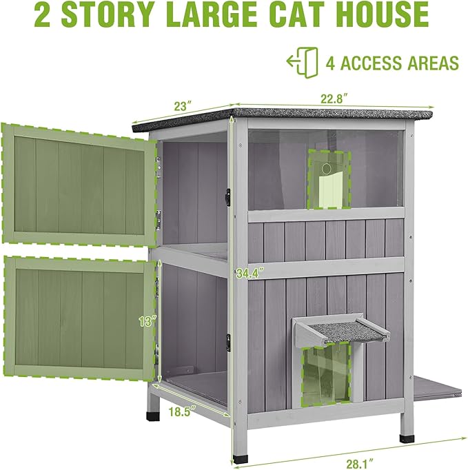 GUTINNEEN Outdoor Cat House Weatherproof with 2 Escape Doors and Window, 2-Storys Wooden Feral Cat Shelter with Asphalt Roof and Removable Floors, Cat Condo with 2 Large Side Doors for Easy to Clean