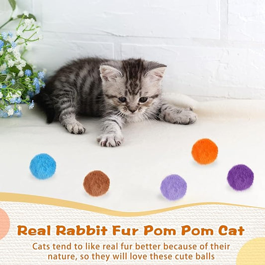 LEIFIDE 12 Pieces Real Rabbit Fur Pom Pom Kitty Cat Toy Fluffy Cat Balls Soft Fuzzy Balls for Kitty Pets Kitten Chase Quiet Play, 3 Inches in Diameter(Bright Color)