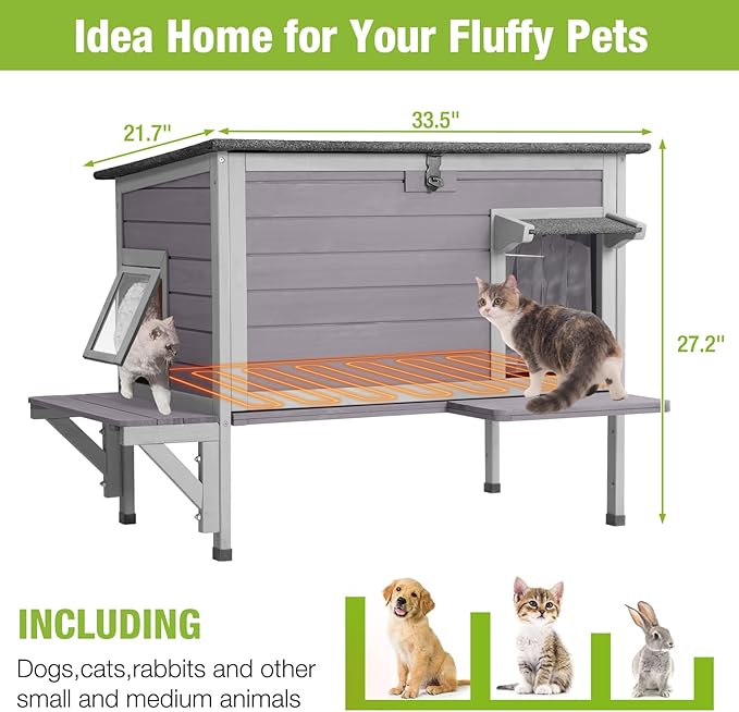 Gutinneen Heated Cat House for Outdoor Cats Insulated Kitty Shelter with Heating Pad Waterproof Cat Cage Keep Warm in Winter,Liner Include