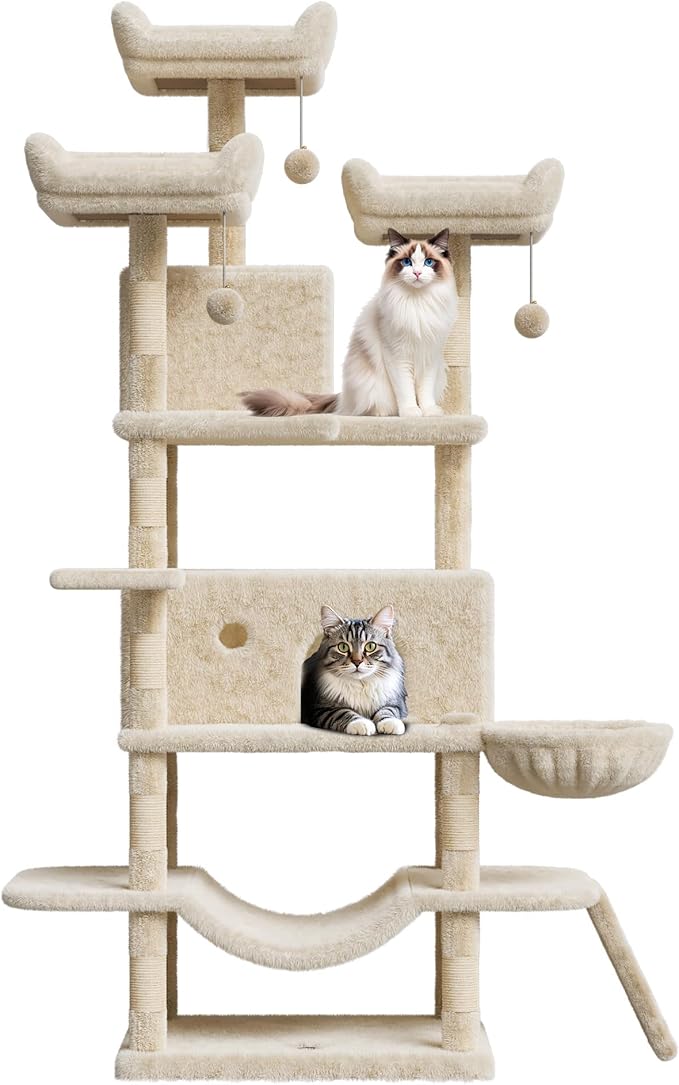 68.5 Inch Multi-Level Cat Tree, Plush Cat Tower with Condo/Sisal Scratching Posts/Hammocks/Basket/Dangling Ball/Platform, Heavy Duty Cats Tree to Play and Sleep, 2604#Beige