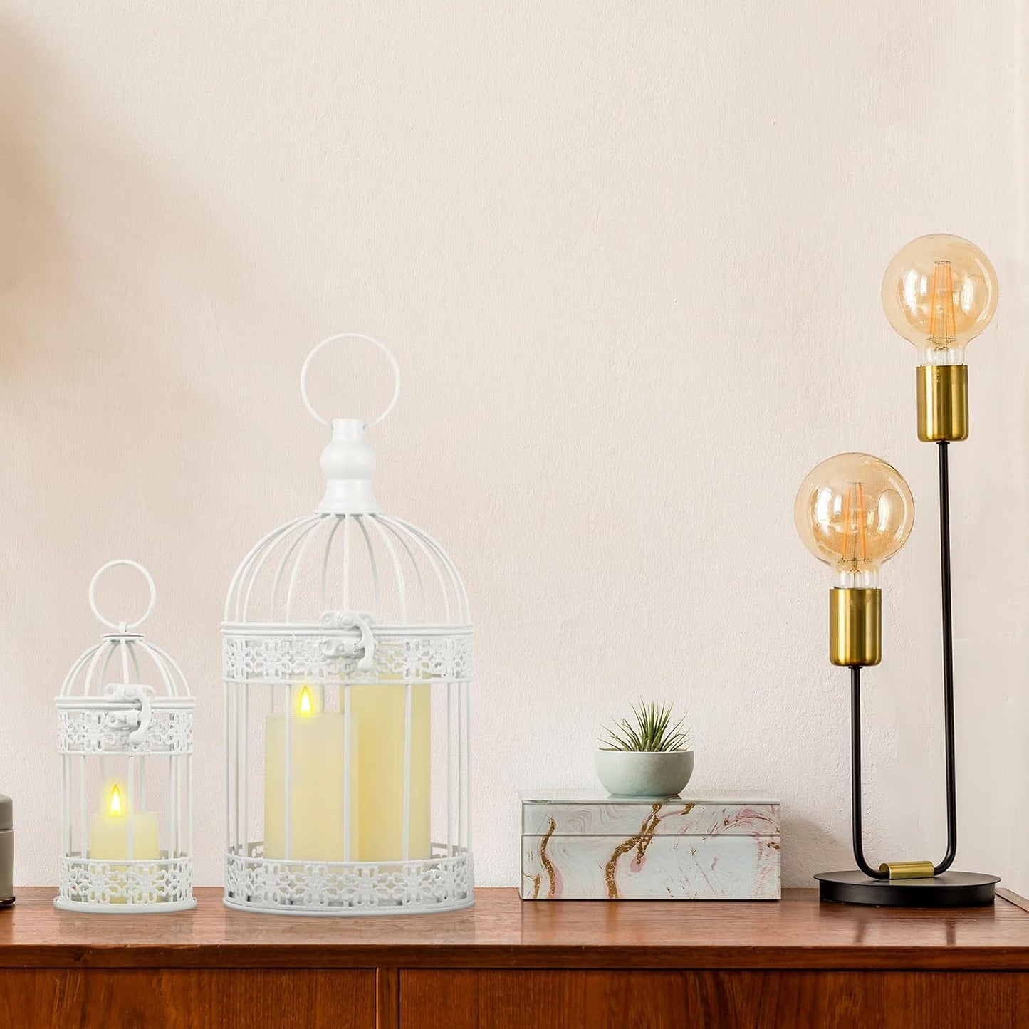 Sliner 4 Pcs Bird Cage Decorative Candle Holder Vintage Candle Holder Cage Lanterns Model for Modern Table House Home Decoration(White)