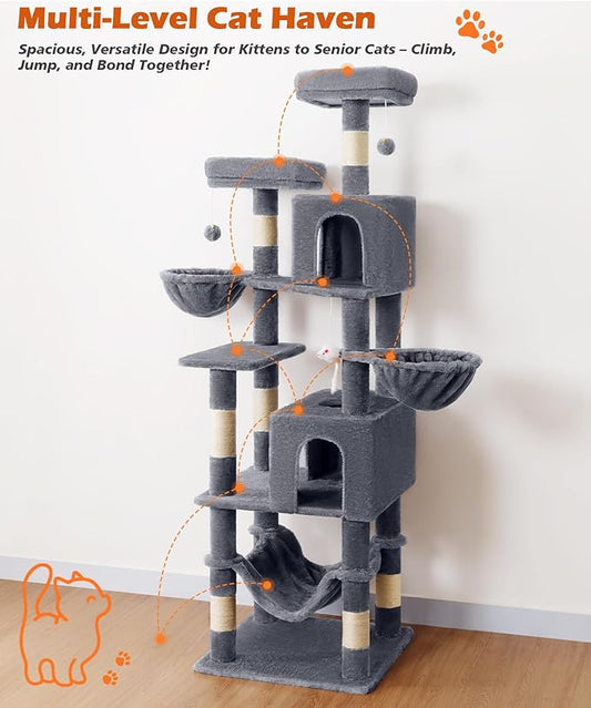 AMHANCIBLE Cat Tree, 70 Inch Tall for Indoor Adult Cats, Large Multi-Level Tower with Scratching Post, Hammock, Condos, Hanging Basket, Activity Center to Play and Sleep, Grey, PT18GY