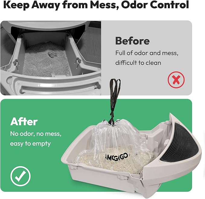 50 Pack Waste Bags, Compatible with Litter Robot 4 & 3, Drawstring Liners for Self Cleaning Litter Box, Clear Cat Litter Bags, Pre-Separated, Transparent, Replacement Bags, 26.4" x 15.8"