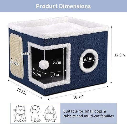 Cat House Bed for Indoor Cats, Large Cat Cave with Cozy Condo, Fluffy Hanging Ball, Scratch Pad, Hide-and-Seek, Foldable Indoor Cat House Hideaway with Double-Sided Soft Cushions for All Seasons, Blue