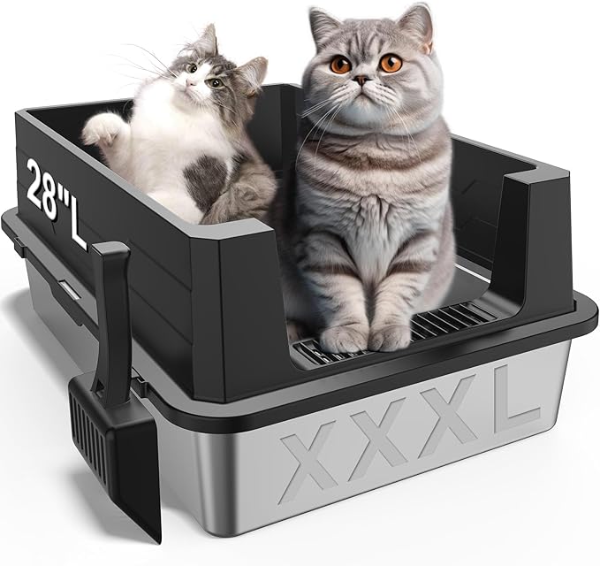 XXXL Stainless Steel Litter Box,Extra Large 28" L x 20" W Metal Litter Box for Big Cats & Multiple Cats with High Sided, Anti-Urine Leakage, Non-Sticky, Easy Cleaning, Include Scoop(Black)