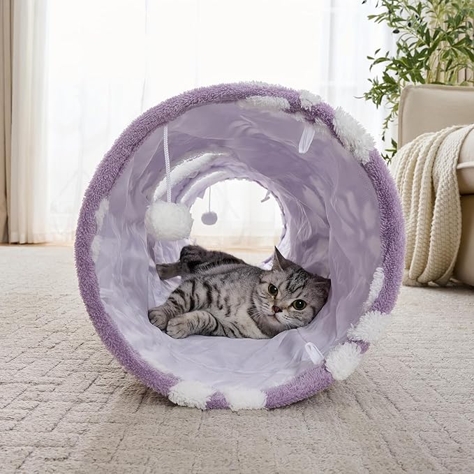 Straight Cat Tunnel for Indoor Cats 47"x12", Cute Cat Toys Collapsible Tunnel Tube with Balls for Puppy Kitten Rabbit, Purple Flower
