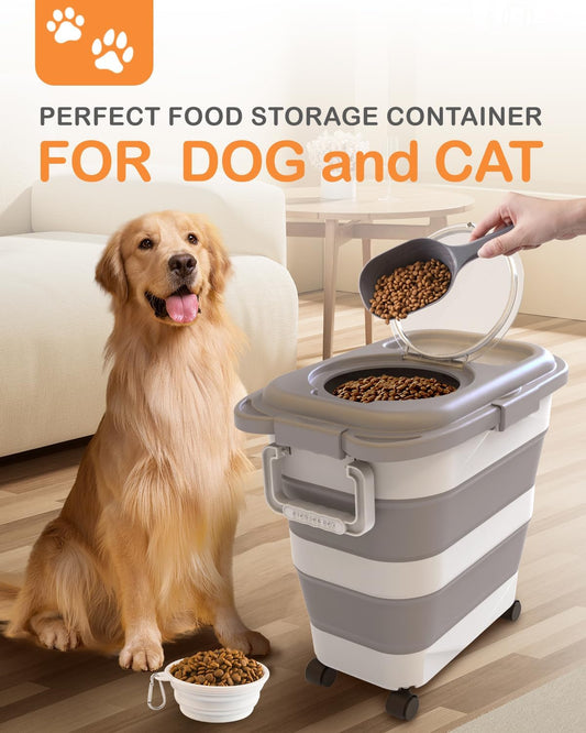 25-28 Lbs Dog Food Storage Container with Handle, Collapsible Dog Food Container with Airtight Lids, Wheels, Large Pet food storage Container for Dog Cat,Dog Food Scoop,Small Container