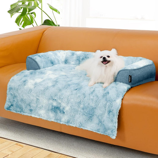 Calming Dog Couch Bed for Medium Dogs/Cats, 35 x 31 inch Waterproof Removable Dogs Mat Couch Cover for Furniture Protector, Non-Slip Fluffy Pelsbarn Dog Bed for Couch, Sofa - Tie-Dye Blue