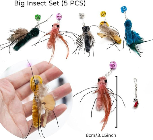 Cat Insect Replacements for Wand Toy, Bugs Refills with Bells, Feather Wand Attachments for Teaser, Suction Cup Toys, Ideal for Indoor Cat Enrichment & Hunting Instincts (5 PCS)