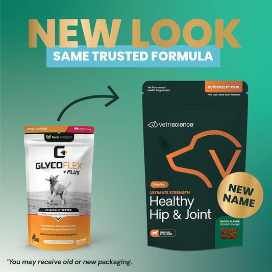 VetriScience GlycoFlex Ultimate Strength Healthy Hip & Joint Glucosamine Supplements for Dogs, with MSM, Chondroitin & Green-Lipped Mussel, Soft Chews, Bacon, 120 Count - New Look