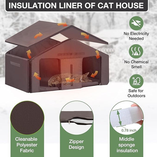 Outdoor Cat House with Insulated Liner and Elevated Design, Weatherproof Feral Cat Shelter with Escape Doors for Winter, Wooden Kitten Home Indoor