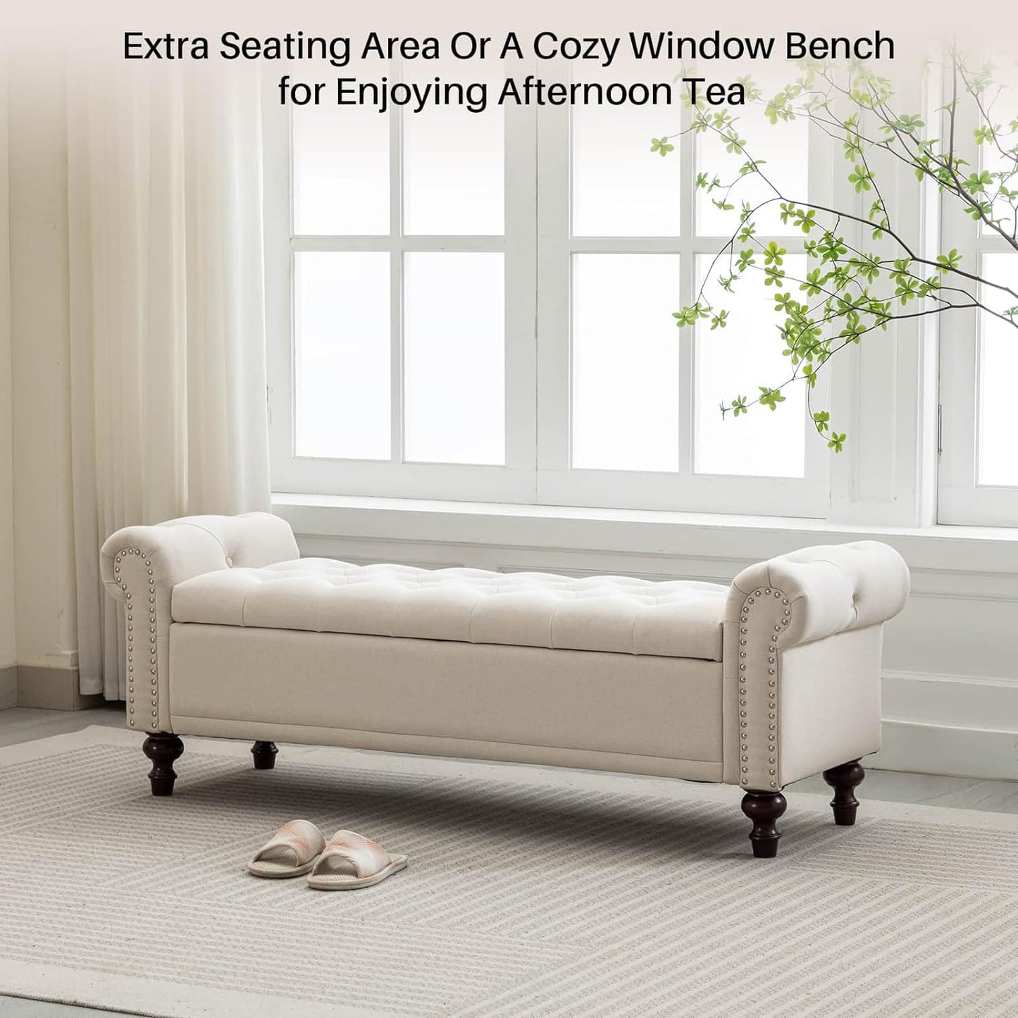 58.1'' Storage Bench Upholstered Linen End of Bedroom Bed Bench Ottoman with Tufted Cushioned Rolled Arm Large Storage Space for Reading Living Room Entryway, Beige