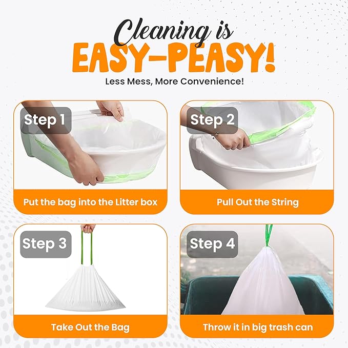 60 Count Cat Litter Box Liners – Extra Thick 2.4 Mil Drawstring Cat Litter Bags, Heavy-Duty & Waterproof, Tear-Resistant Kitty Litter Pan Liners for Hassle-Free Cleanup (30" x 15")