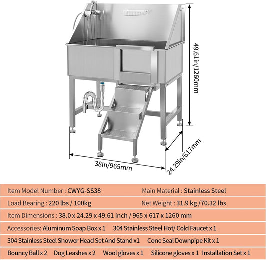 Dog Washing Station 38'' Stainless Steel Pet Grooming Tub for Large Dogs Over-Size Professional Dog Grooming Bathtub Station Wash Shower Sink Pet Grooming Bathtub Station,Right Door