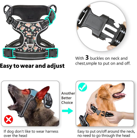Timos Dog Harness, NO Need Go Over Dogs Head 3 Snap Buckles with 2 Leash Clips, Adjustable Soft Padded No-Pull Dog Harness, Reflective No-Choke Pet Oxford Vest for Small Medium Large Dogs