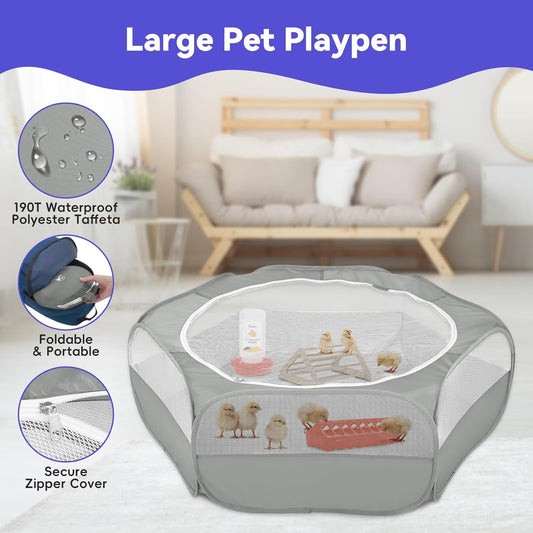 Pawaboo 5-in-1 Chicken Brooder Box for Chick Starter Kit, Includes Pet Cage Tent, Chicks Perch, Chicks Feeder, 1.1L Chick Waterer, Baby Chicken Supplies (Brooder Set), Gray