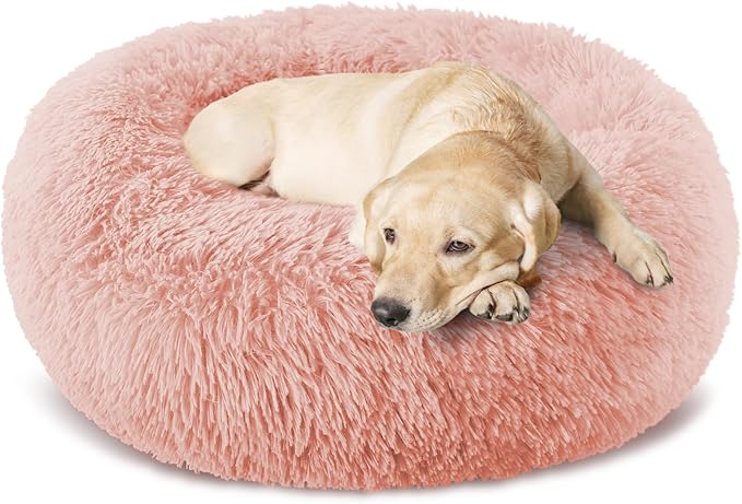 Calming Donut Dog Bed Medium Size Removable Cover + 2 PCS Cooling Rattan Pet Mat, Fluffy Comfort Anti-Anxiety Washable Round Pets Bed with Double-Sided Cool Pad for Medium Dogs/Cat, 31" Pink