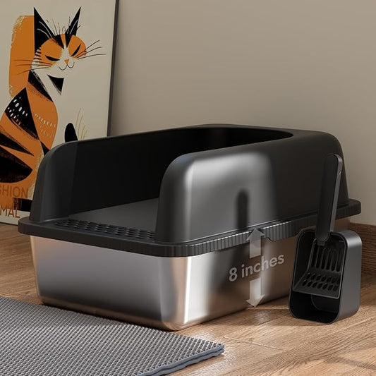 Stainless Steel Cat Litter Box with Lid, 24" L x 16" W x 11.8" H, Large Cat Litter Box for Multiple Cats with High Sided, No-Leak & Stick, Easy to Clean, Includes Litter Mat & Multi Functional Scoop