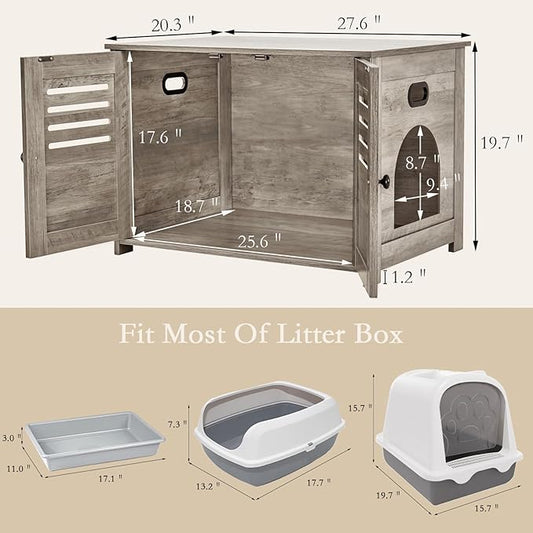 DINZI LVJ Litter Box Enclosure, Cat Litter House with Louvered Doors, Entrance Can Be on Left or Right Side, Spacious Hidden Washroom for Most of Box, Furniture Cabinet, Gray Wash