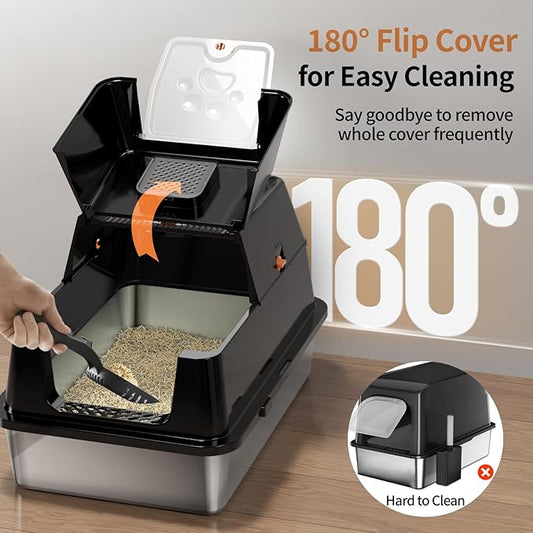 Stainless Steel Cat Litter Box with Lid, 180° Flip-Top XL Extra Large Enclosed Litter Box, Covered Metal High Sided Litter Pan with Steps & Scoop, Easy Cleaning, Odor Control,Non-Sticky-Black