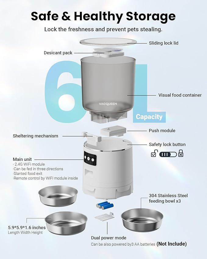 Smart WiFi Automatic Cat Feeder for 3 Cats, Strong Anti-Jam System, Dual-Effect Desiccant Cat Food Dispenser, 6L Pet Feeder with 10S Voice Recorder for Cats and Small Dog(Bright White)