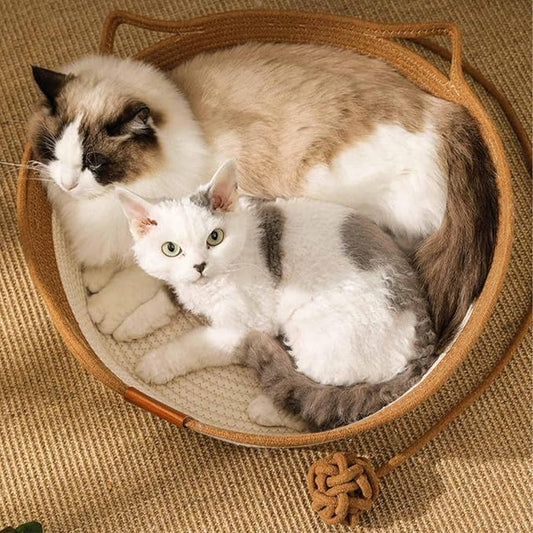Stimulicat Cat Bed, Stimulicat Handwoven Cat Basket, Foldable Round Cotton Rope Cats Beds with Toy Tail and Built-in Scratching Pad, Scratch Resistance Easy to Clean (Brown+Cushion, Small)