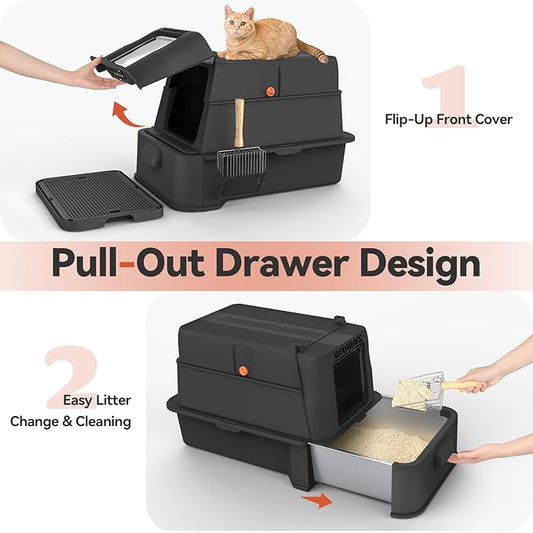 Enclosed Stainless Steel Cat Litter Box with Odor Control, Modular Design with Drawer and Flip Door, Easy to Clean and Wash,Non-Stick Interior,Extra Large Size Fits All Cats(Black)