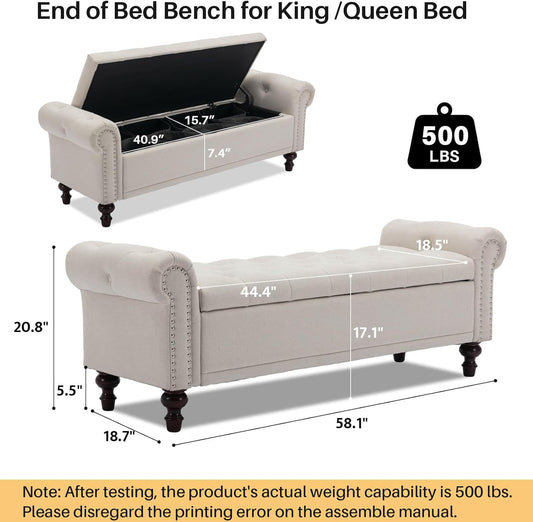 58.1'' Storage Bench Upholstered Linen End of Bedroom Bed Bench Ottoman with Tufted Cushioned Rolled Arm Large Storage Space for Reading Living Room Entryway, Beige