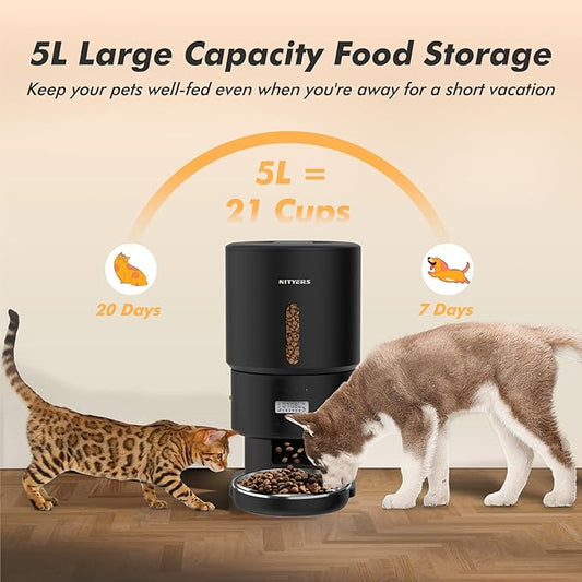 Automatic Cat Feeder - 5L Anti-Clog Cat Food Dispenser with Freshness Preservation, 1-6 Meals/Day, Programmable Portions, 10s Voice, 180-Day Battery Life, Auto Pet Feeder for Multi Cats and Dogs