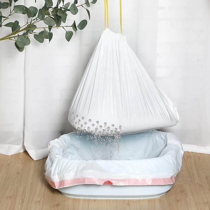 Jutom Sifting Litter Box Liners 28 Count, Drawstring Jumbo Sifting Cat Litter Bags with Holes, 31 x 18 Inch Portable Thick Scratch Resistant Drawstring Bags for Pet Cats