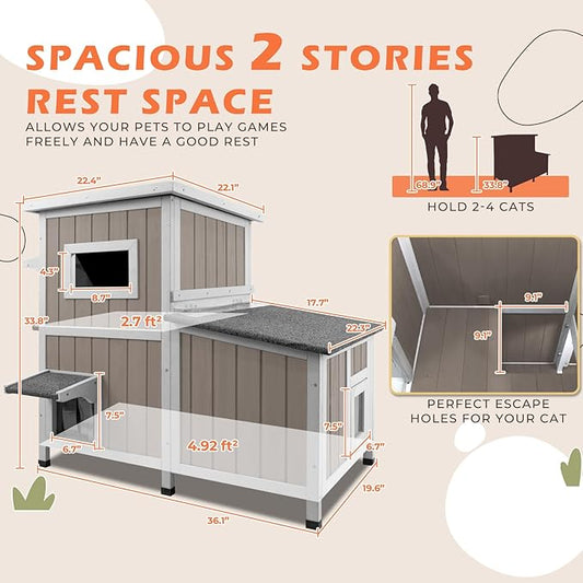 36.1" L Outdoor Cat House,2 Story Wooden Outdoor Cat Shelter with 3 Escape Doors,Weatherproof Fir Wood Feral Cat House with 2 Big Rest Room & Openable Asphalt Roof for 2-3 Cats