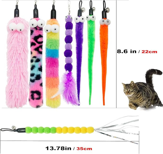 Cat Worm Toy Refills, 8 Pieces Cat Wand Attachments Assorted Worms Feathers Toy for Indoor Cats (B)