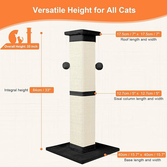Cat Scratching Post 33 Inch Nature Sisal Cat Scratch Post for Indoor Cats, Large Cat Scratcher Protect Your Furniture, Black
