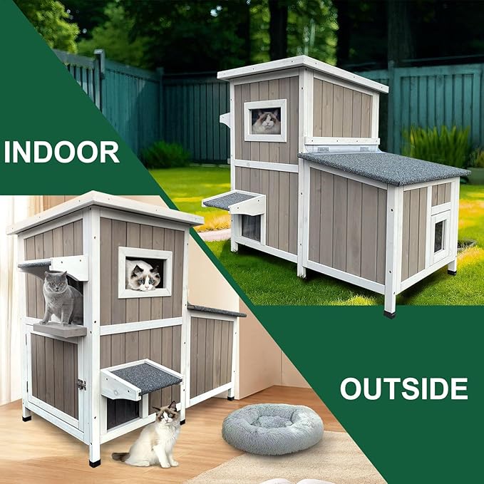 Outdoor Cat House Weatherproof, Two Story Wooden Cat House Outside Feral Shelter with 3 Escape Door, Cat Condo for Small Animals with Openable Asphalt Roof, Grey
