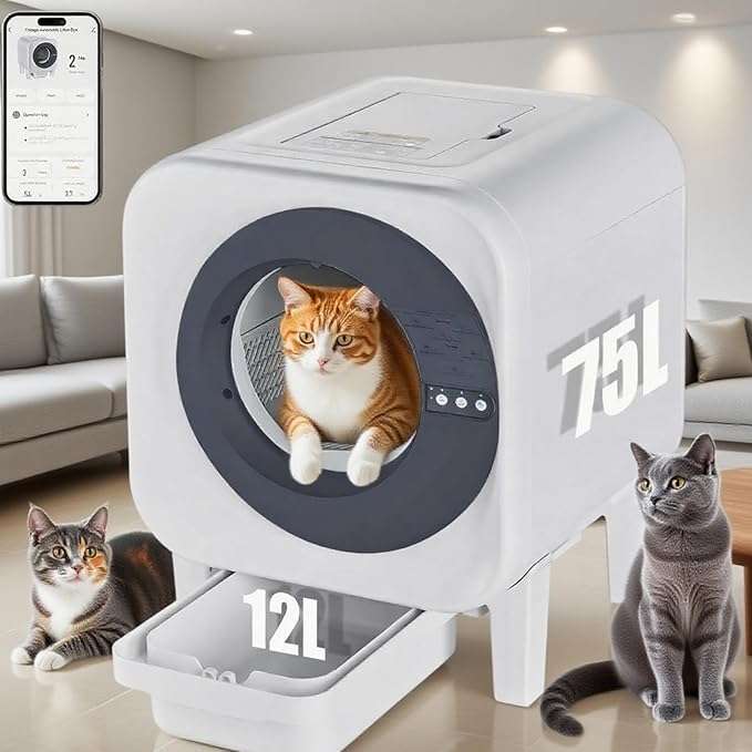 Smart Self-Cleaning Cat Litter Box, 75L Large Space & 12L Sealed Waste Drawer, APP Controlled Automatic Litter Tray with Odor Control & Health Monitoring, Safe for Multi-Cat Homes