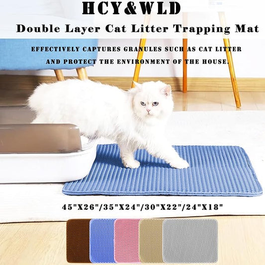 HCY&WLD Cat Litter Mat, Honeycomb Double Layer Cat Litter Trapping Mat, Waterproof Urine Proof Non-Slip, Scatter Control, Less Waste, Easier to Clean (Blue, 45" X 26")