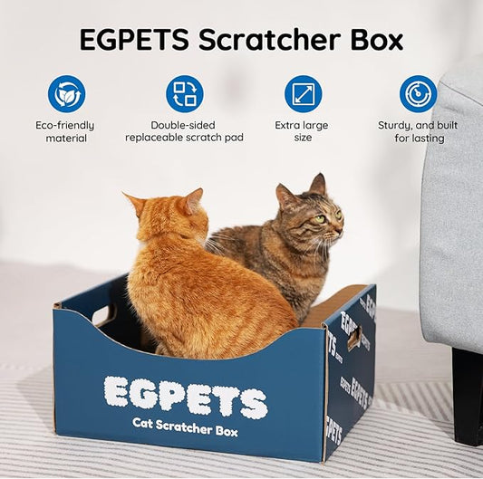 Cardboard Cat Scratcher Box for Indoor Cats with 3Pcs Extra-Large Scratching Board, Refillable and Sturdy, Ideal for Hiding, Scratching and Sleeping, Easy to Clean and Assemble, Blue