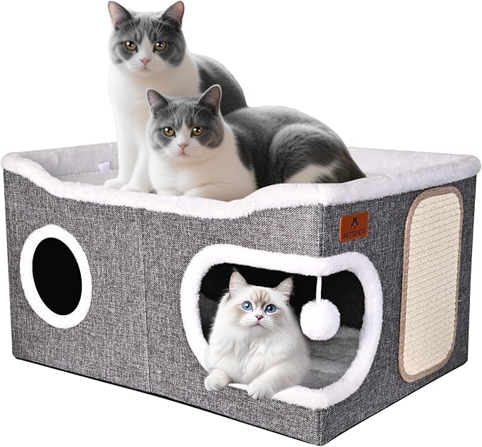 Extra Large Cat Beds for Indoor Cats, Covered Cat Cave Beds & Furniture with Scratch Pad and Fluffy Ball, Foldable Condo Hideaway with Reversible Cushion for Multi Small Pet Large Kittens, Grey