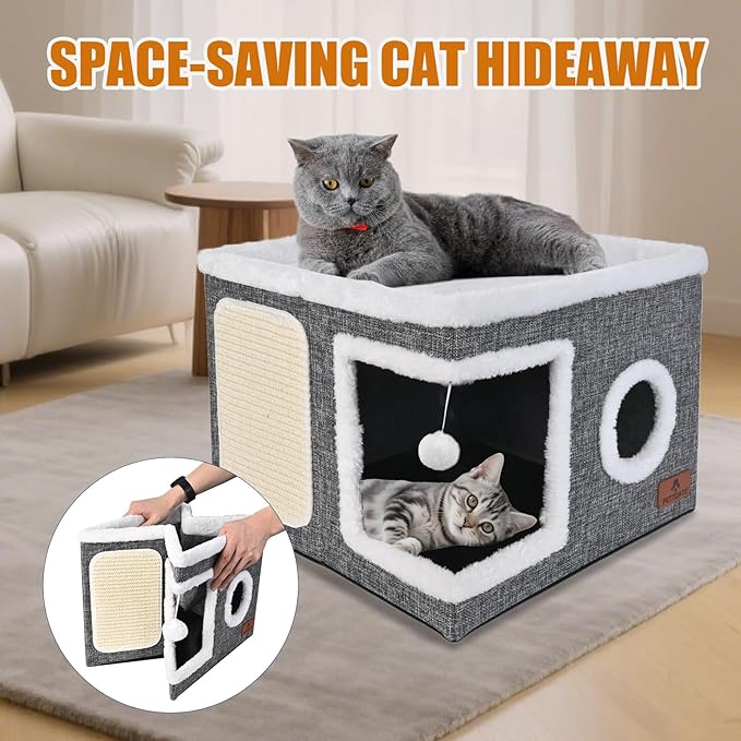 Cat Beds for Indoor Cats - Foldable Cat Hideaway with Hanging Fluffy Ball and Scratch Pad, Large Cat Bed Cave with Reversible Cushion for Multi Small Pet Kitten, Grey