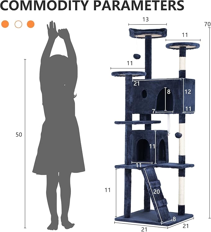 BestPet 70in Cat Tree Tower for Indoor Cats,Multi-Level Cat Furniture Activity Center with Cat Scratching Posts Stand House Cat Condo with Funny Toys for Kittens Pet Play House,Navy Blue