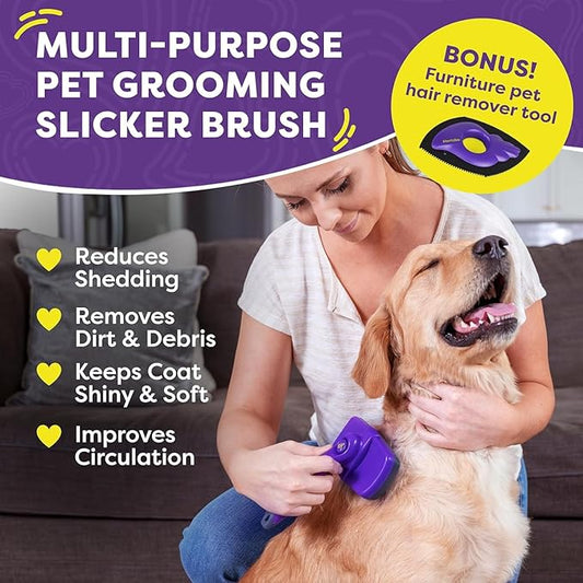 Hertzko Dog Slicker Brush and Dog Hair Remover - Self-Cleaning Brush for Cats and Dogs - Pet Hair Remover Brush for Fur - Gently Removes Mats, Tangles, and Loose Hair - Ideal for Home Use