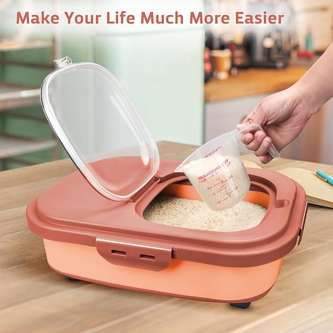Rice Storage Containers, Collapsible 20 to 30Lbs Food Storage Bin Dispenser with Rolling Wheel and Clear Airtight Lid, BPA Free Flour, Sugar, Cereal and Dog Cat Pet food Containers
