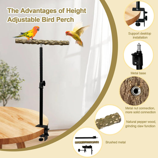 13-23 Inch Height Adjustable Desktop Bird Perch Pepper Wood Bird Training Perch Stand Parakeet Perches Indoor and Outdoor Parrot Stands for Small to Medium Bird