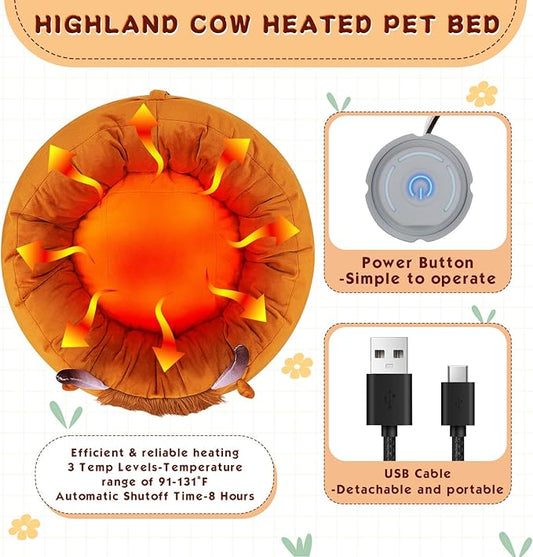 Highland Cow Heated Cat Bed - Cute Round Dog Bed, Warming Pet Bed for Indoor Cats & Small Dogs, Washable Calming Nest with Heating Pad & Timer, Cow Pet Heating Pad for Cats and Dogs